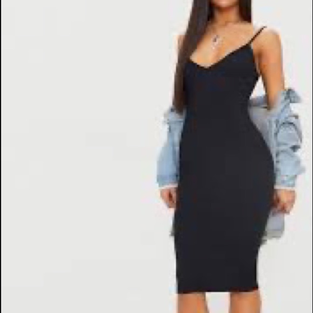 BLACK RIBBED PLUNGE BODYCON DRESS